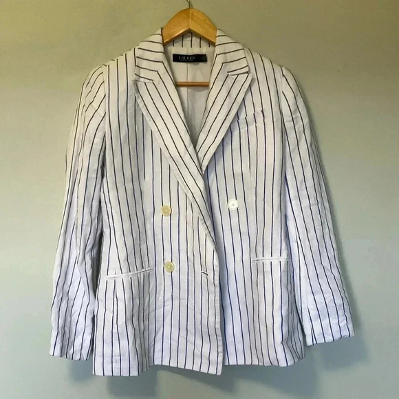 NWOT Ralph Lauren 100% linen white blue striped striped double breasted blazer - Picture 1 of 8